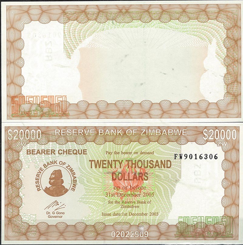 Banknote collection Zimbabwe Pick number 23-20000 Dollar