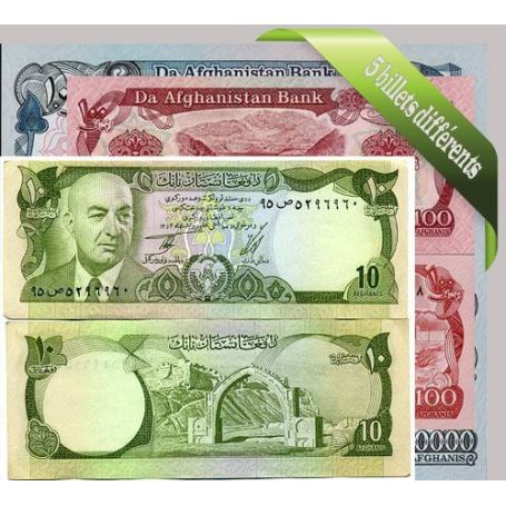 Afghanistan : Bel ensemble de 5 billets de banque de collection.