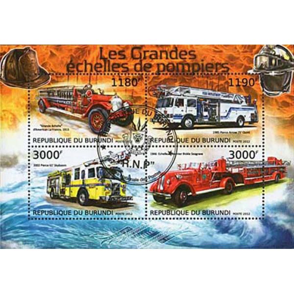 2012 Les véhicules des Sapeurs-Pompiers Timbres pour Les collectionneurs Burundi 2425 complète.Edition. Pompiers / Police 